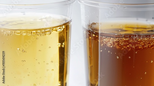 Close-Up Comparison of Clean and Dirty Engine Oil in Cups