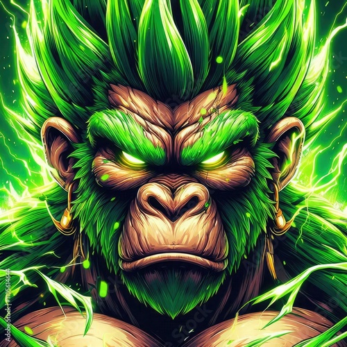 illustration angry green gorilla with energy aura, ai photo