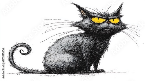 A playful clip art of a cartoon-style cat sitting with a curled tail on a white background