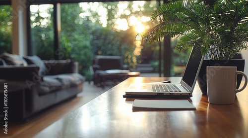 Wallpaper Mural A serene workspace featuring a laptop and a coffee mug on a wooden table, surrounded by lush greenery and sunlight streaming through the windows. Torontodigital.ca