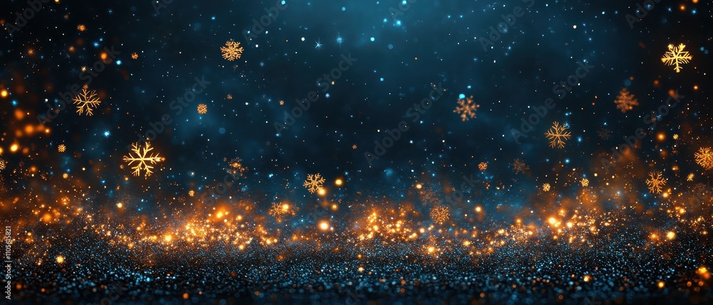 Obraz premium Metallic snowflakes and golden ornaments on a dark navy blue background close up holiday elegance theme vibrant manipulation cocktail party backdrop