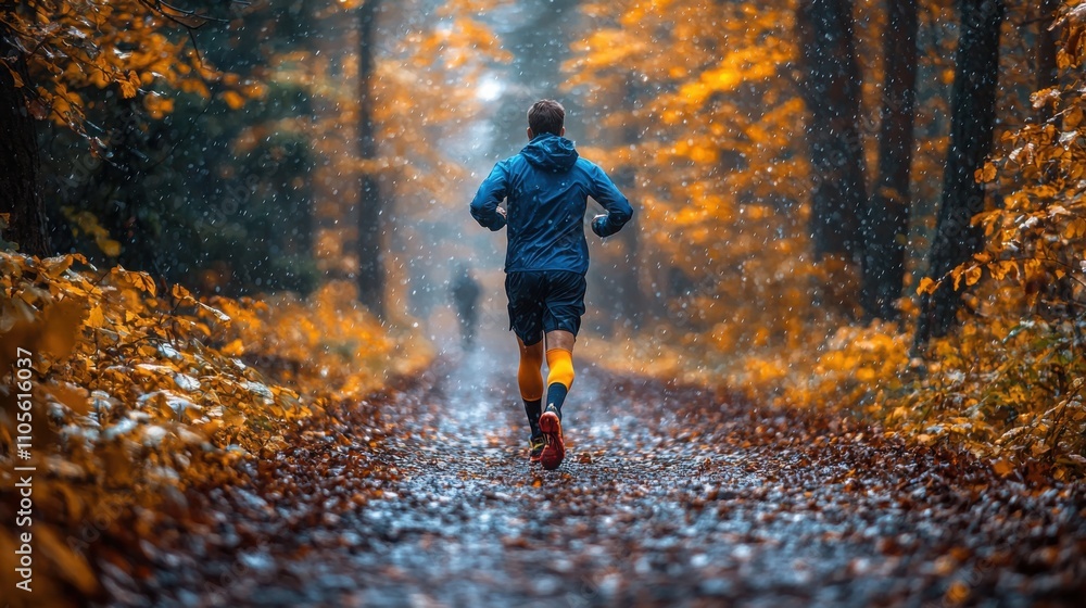 A person runs through a picturesque forest path covered in autumn leaves during a rainy day. The colors are vivid, creating a serene atmosphere. A person runs through a picturesque forest path covered in autumn leaves during a rainy day. The colors are vivid, creating a serene atmosphere.
