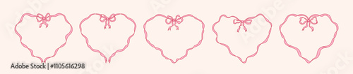 Set of heart pink frames with bow and ribbons. Hand drawn vintage coquette borders. Trendy elegant frames for wedding invitation, Valentine greeting card, holiday poster, cover, banner.