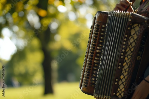 A musician passionately holds an accordion against the backdrop of nature, blending the intricate design of the instrument with a serene outdoor setting. photo