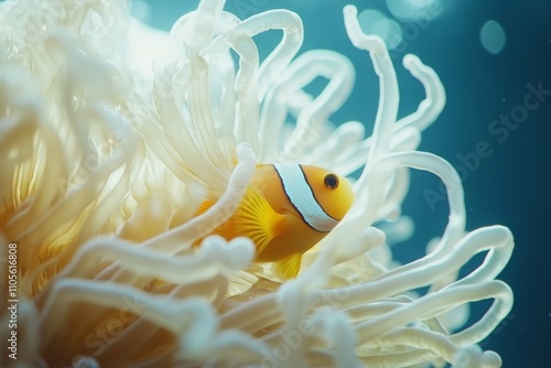 A vibrant orange clownfish is swimming among the white, flowing tentacles of a sea anemone, creating a stunning marine life scene filled with color and motion. photo