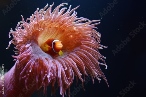 The image captures an orange clownfish nestled deep within the vibrant pink tentacles of a sea anemone, illustrating a beautiful and intimate marine interaction. photo