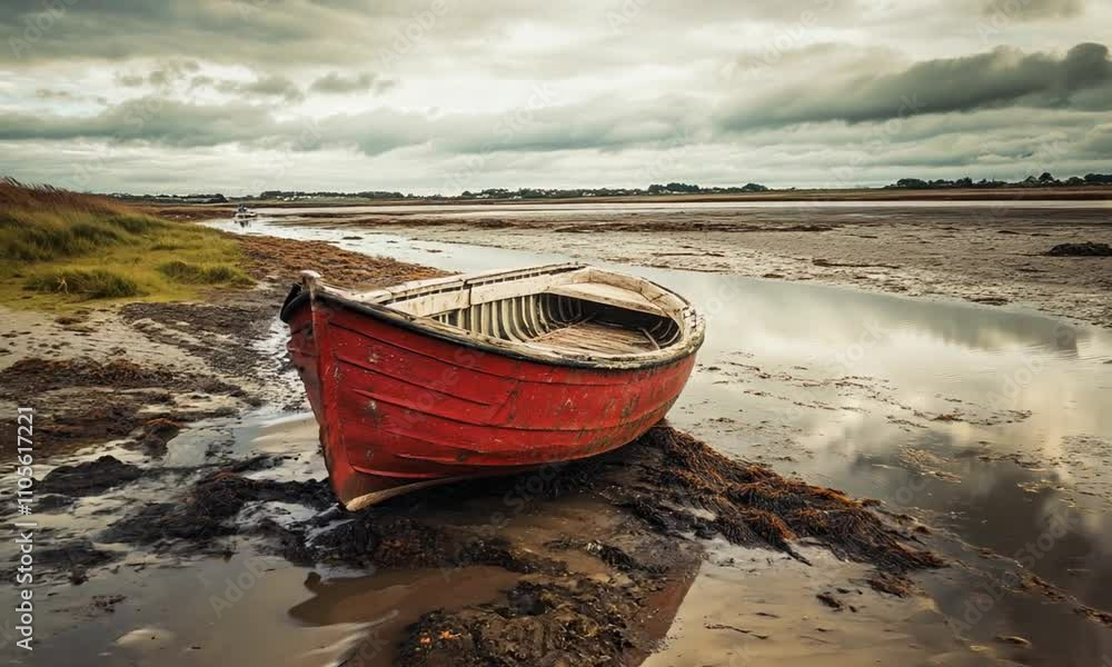 Rustic Rowboat on Muddy Shoreline Reveals Tranquil Rural Waterscape with Cloudy Sky : Generative AI Rustic Rowboat on Muddy Shoreline Reveals Tranquil Rural Waterscape with Cloudy Sky : Generative AI