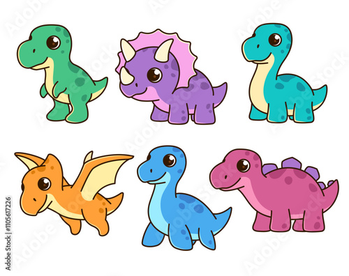 Cute cartoon style kawaii dinos, dinosaurs characters, set of vector kids illustration