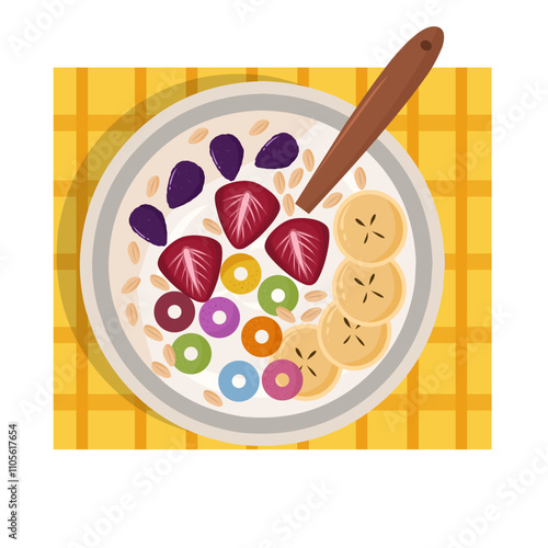 Illustration of a breakfast bowl of oat cereal milk with fruits and berries