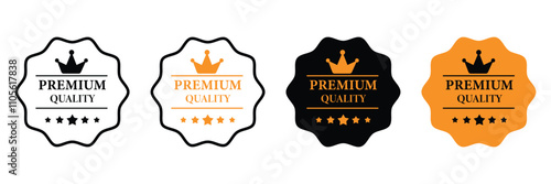Premium quality label icon. Premium icon with crown and stars. Round label with four level quality. VIP icon in flat style. Best quality flat vector badges.