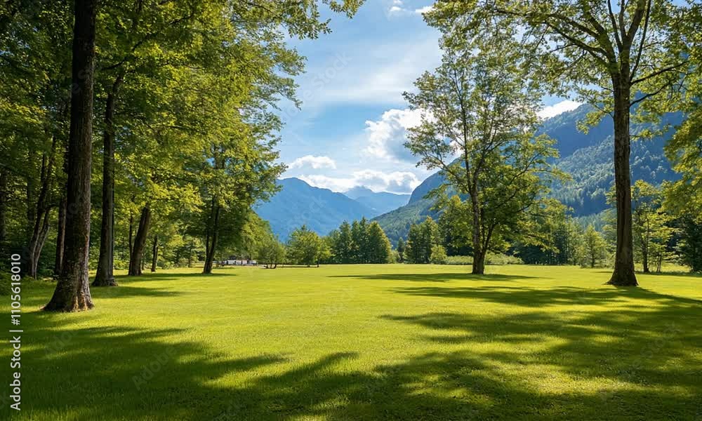 Idyllic Summer Meadow Landscape with Sunlit Trees Bordered by Majestic Mountain Range Under Clear Blue Sky : Generative AI Idyllic Summer Meadow Landscape with Sunlit Trees Bordered by Majestic Mountain Range Under Clear Blue Sky : Generative AI