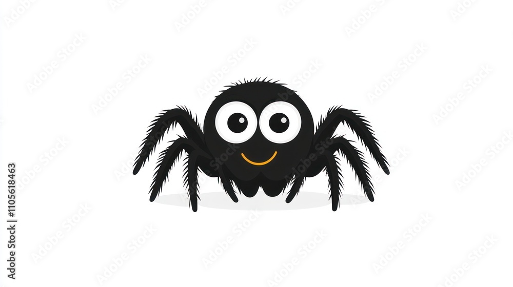 Cute cartoon black spider with big eyes and a smile.