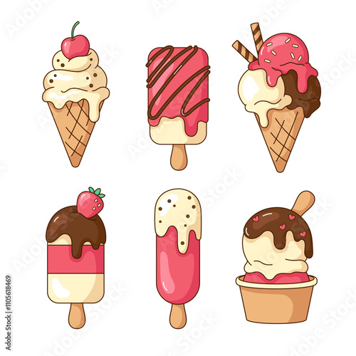 Set of cute kawaii cartoon ice cream desserts, eskimo. Vector illustrations