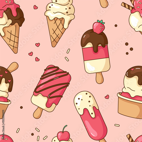 Cute kawaii cartoon ice cream desserts, eskimo seamless pattern, background. Vector illustrations