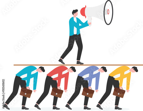 Boss and staff, encouraging or motivating staff to work hard, boss standing on the balance bar with a megaphone,

