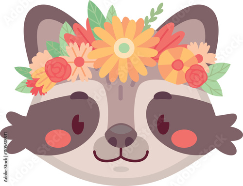 Raccoon in flower wreath. Cute summer woodland animal