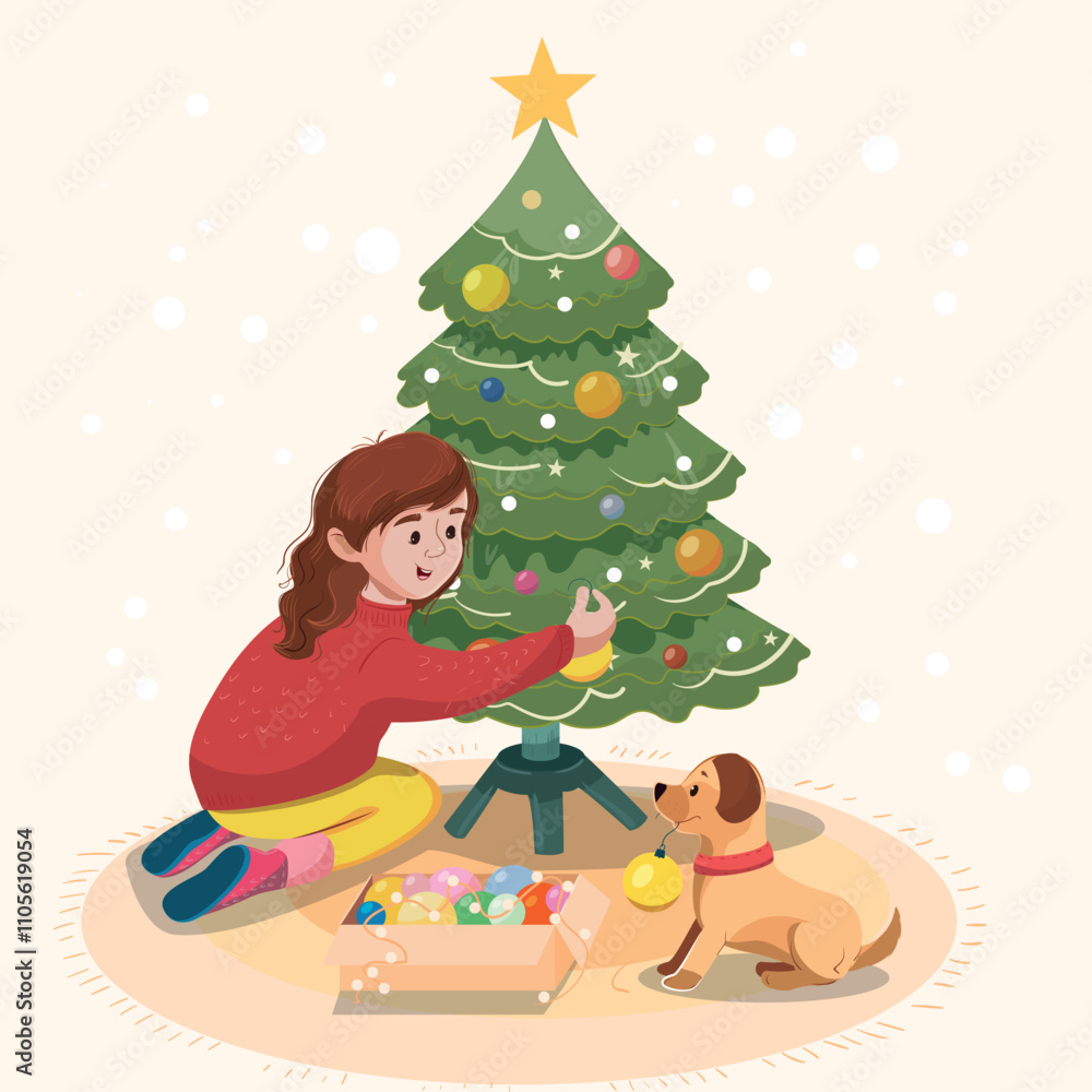 A girl decorates a Christmas tree with a dog, vector postcard, new year and Christmas A girl decorates a Christmas tree with a dog, vector postcard, new year and Christmas