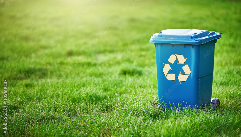 Recycling bin on green meadow. Sorting waste. Environmental pollution.