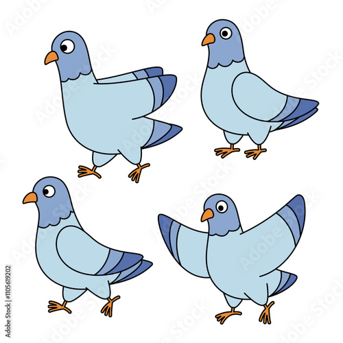 Set of funny cartoon style pigeons, vector  bird characters