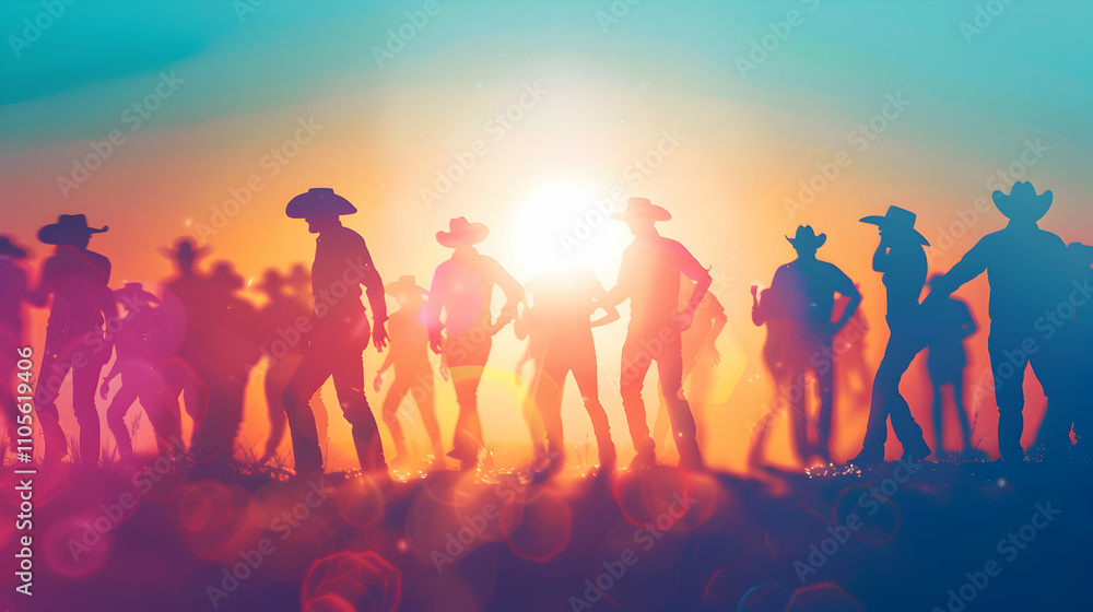 Cowboys and Cowgirls Silhouette in Sunset Landscape Cowboys and Cowgirls Silhouette in Sunset Landscape