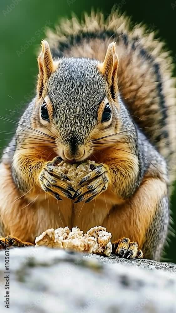A close-up of a squirrel holding and eating a nut. A close-up of a squirrel holding and eating a nut.