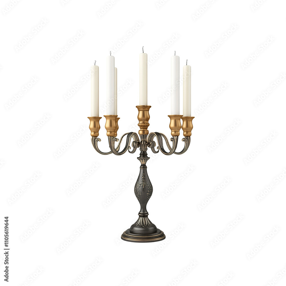 Elegant Five-Arm Candelabra with White Candles on White Background Elegant Five-Arm Candelabra with White Candles on White Background