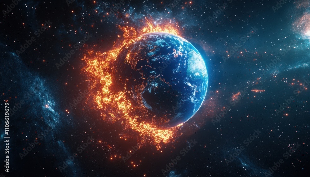 Burning Planet Earth In Space Cosmic Fire Burning Planet Earth In Space Cosmic Fire