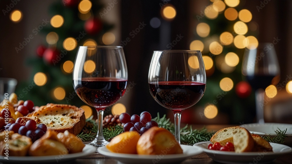 Close-up of a glass of red wine being served at a family Christmas dinner Close-up of a glass of red wine being served at a family Christmas dinner