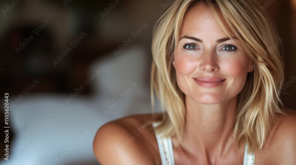 Smiling caucasian female adult with blonde hair relaxing indoors. Smiling caucasian female adult with blonde hair relaxing indoors.