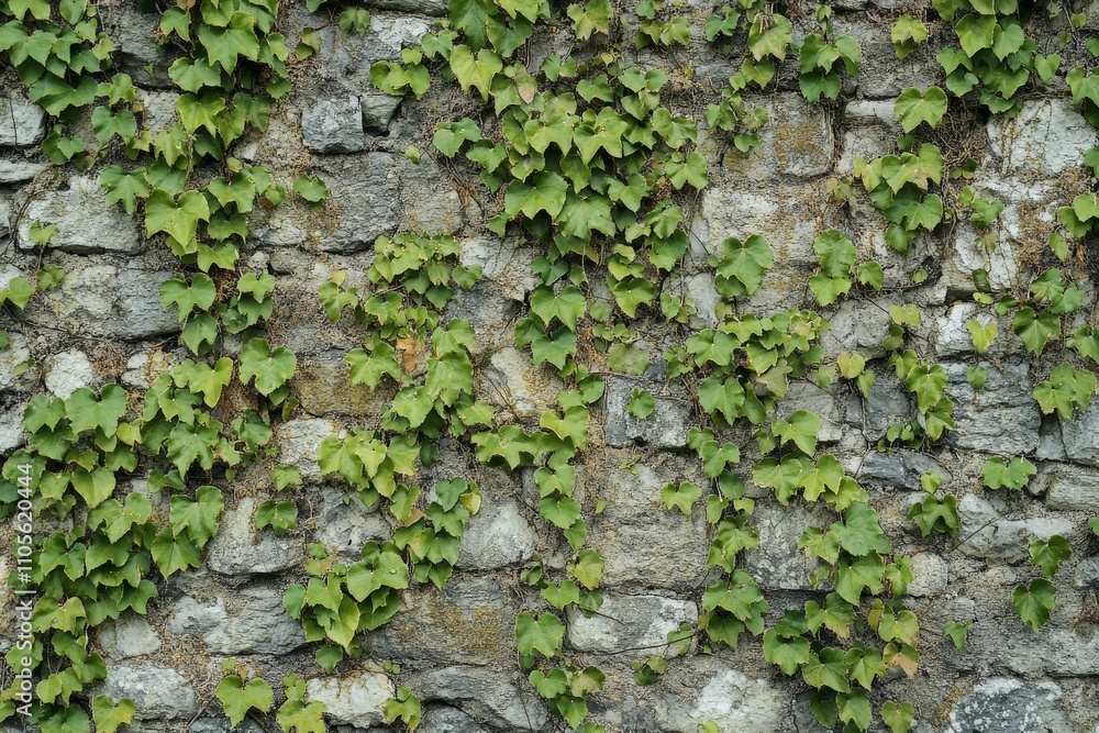 The image captures a vibrant green ivy climbing and spreading across an aged stone wall, merging natural growth with human-made structures in perfect harmony. The image captures a vibrant green ivy climbing and spreading across an aged stone wall, merging natural growth with human-made structures in perfect harmony.