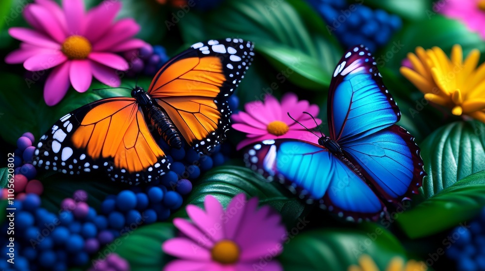 Fototapeta premium Colorful Butterflies Among Vibrant Flowers