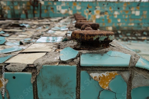 An abandoned swimming pool with deteriorated turquoise tiles, showcasing heavy rust on bolts and pipes, indicating years of neglect and decay, creating a vintage aura. photo