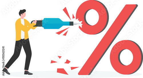 Businessman using pneumatic drill to drill percent sign
