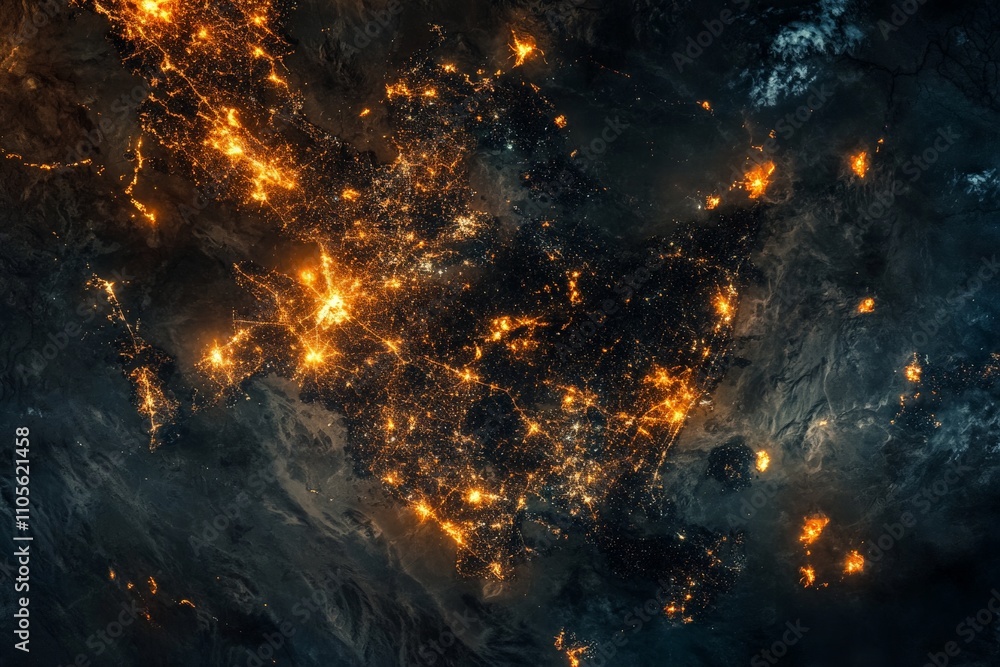 A striking satellite view showing a cityscape aglow with radiant lights against the vast dark sky, offering a stunning representation of urban life and connectivity. A striking satellite view showing a cityscape aglow with radiant lights against the vast dark sky, offering a stunning representation of urban life and connectivity.