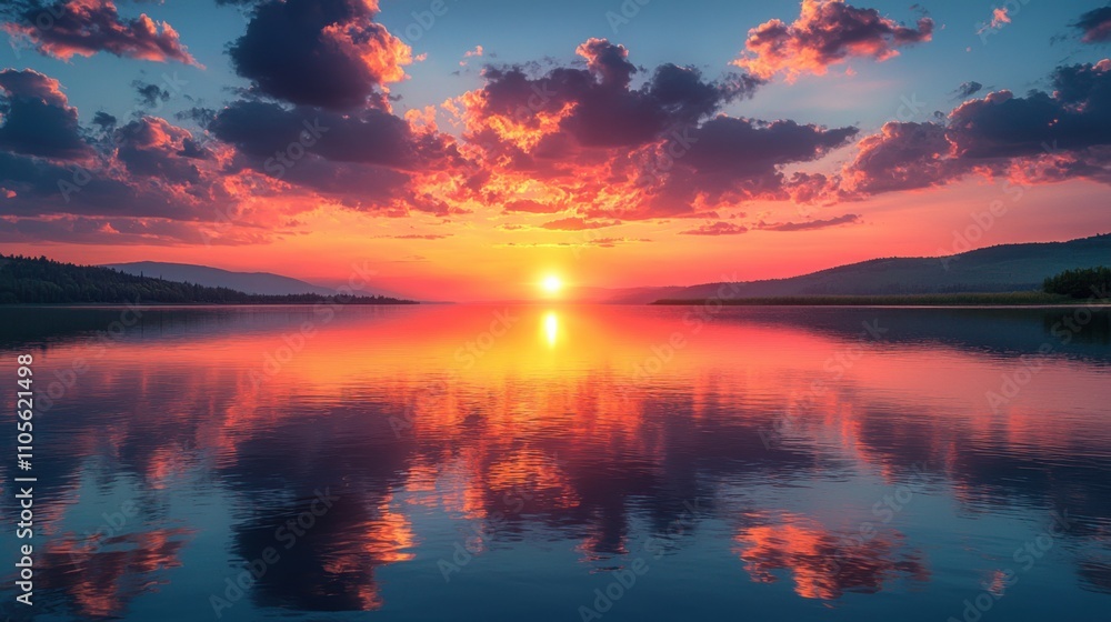 A breathtaking sunset reflects vibrant orange and purple hues in a serene lake, surrounded by mountains and a peaceful sky. A breathtaking sunset reflects vibrant orange and purple hues in a serene lake, surrounded by mountains and a peaceful sky.