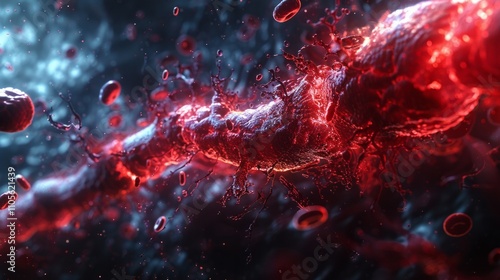 Red blood cells flowing in a vein, abstract liquid motion. AI generative. . photo