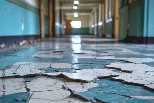 A dimly lit hallway in a vintage building features cracked blue flooring, suggesting years of wear and reflecting on themes of transition and nostalgia. photo