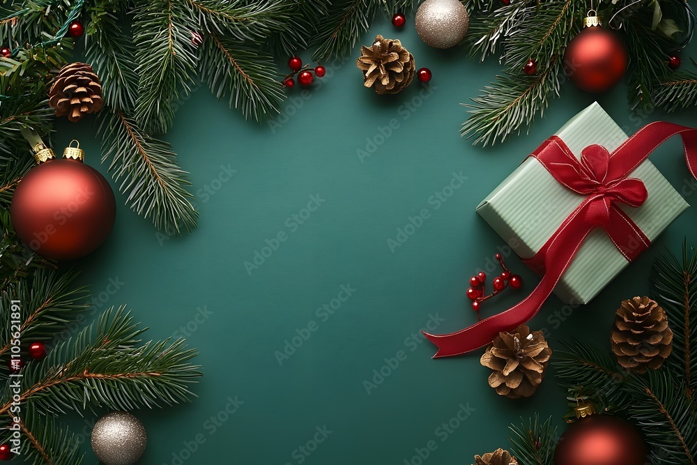 Christmas themed background featuring ornaments, a gift box with a red ribbon, and pine branches for seasonal decorations Christmas themed background featuring ornaments, a gift box with a red ribbon, and pine branches for seasonal decorations