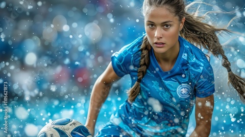 A young woman in a blue jersey holds a soccer ball with a blurred background of light and blue bokeh. AI generative. .