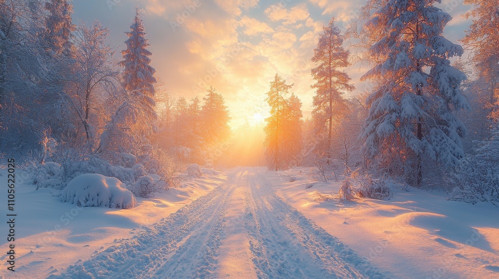A tranquil winter scene features a snow-covered path leading through tall trees towards a bright sunset, illuminating the snowy landscape. A tranquil winter scene features a snow-covered path leading through tall trees towards a bright sunset, illuminating the snowy landscape.