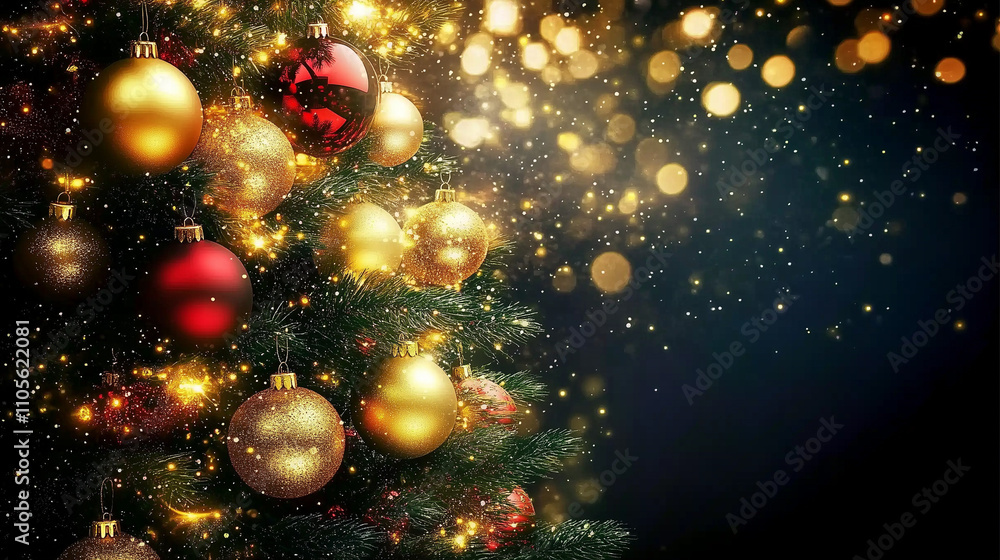 A majestic Christmas tree adorned with shimmering gold and vibrant red ornaments, casting a warm and inviting glow against a dark backdrop. Perfect for holiday greeting cards, this festive image evoke A majestic Christmas tree adorned with shimmering gold and vibrant red ornaments, casting a warm and inviting glow against a dark backdrop. Perfect for holiday greeting cards, this festive image evoke