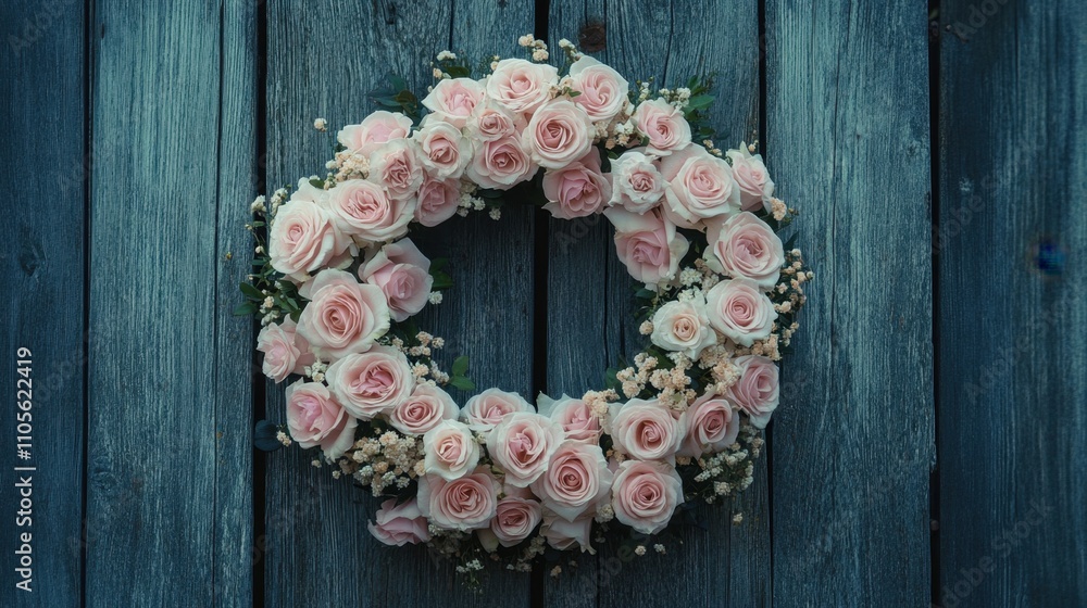A circular wreath of pale roses in pink and white, hung elegantly on a weathered wooden gate, evoking serenity A circular wreath of pale roses in pink and white, hung elegantly on a weathered wooden gate, evoking serenity