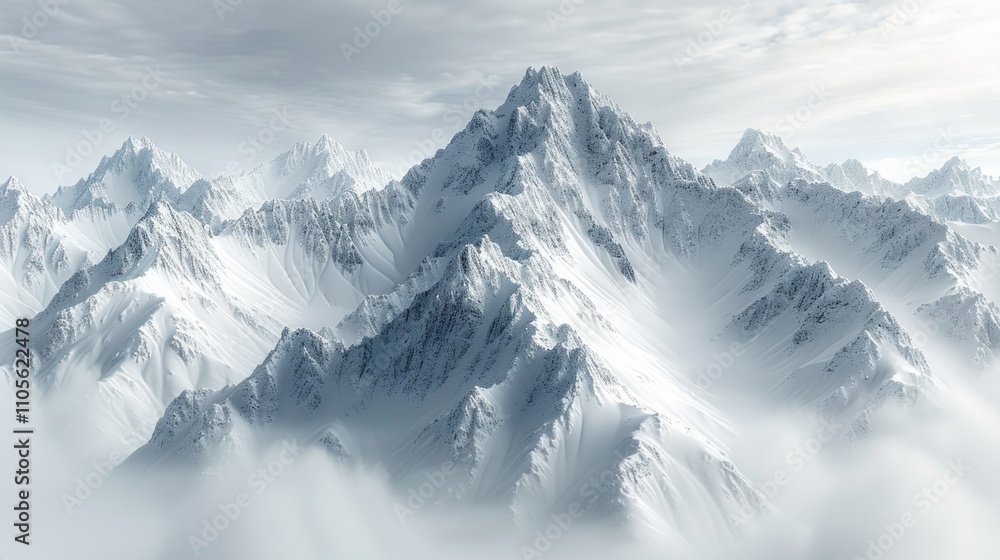 Snowy mountain peaks shrouded in mist. AI generative. . Snowy mountain peaks shrouded in mist. AI generative. .