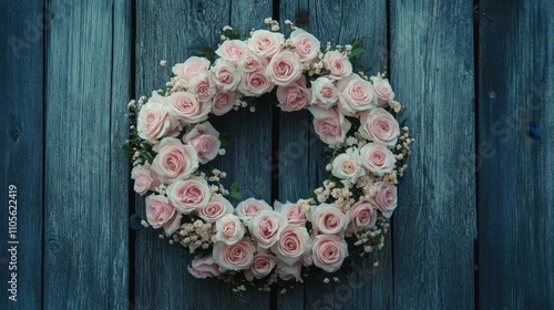 A circular wreath of pale roses in pink and white, hung elegantly on a weathered wooden gate, evoking serenity