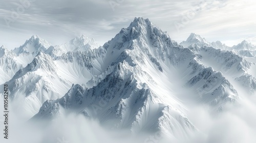 Snowy mountain peaks shrouded in mist. AI generative. .