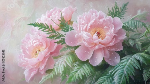 Wallpaper Mural A close-up of soft pink peonies with delicate dew drops, beautifully arranged with vibrant green ferns against a soft blurred background Torontodigital.ca