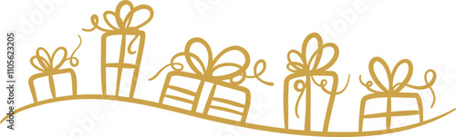 Gold gift box wave line art celebration vector illustration, greeting card or invitation decorative border, isolated