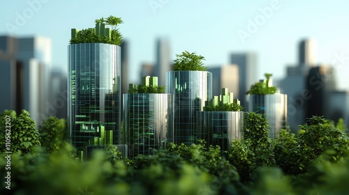 Urban jungle transformation innovative glass architecture in a green cityscape futuristic design modern environment aerial view sustainability concept #1105623207