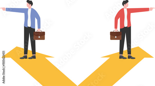 Two businessmen standing on arrows pointing in different directions,
