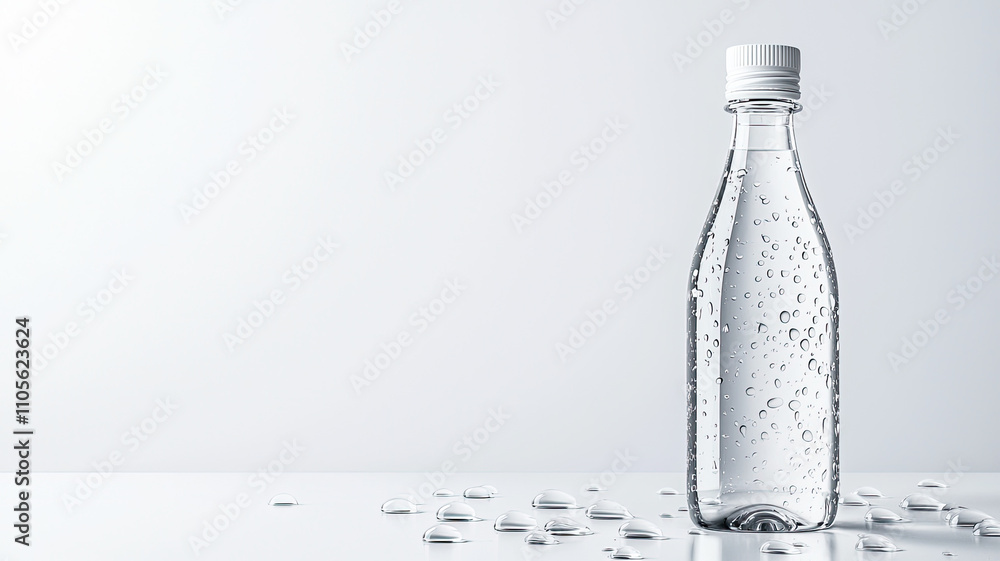 Clear glass bottle of mineral water with condensation on surface Clear glass bottle of mineral water with condensation on surface